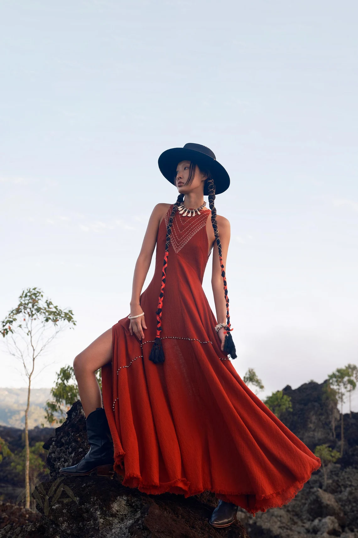 Red dress • Boho A-line dress • Hand-embroidered dress • Bell dress • Minimalist cocktail dress