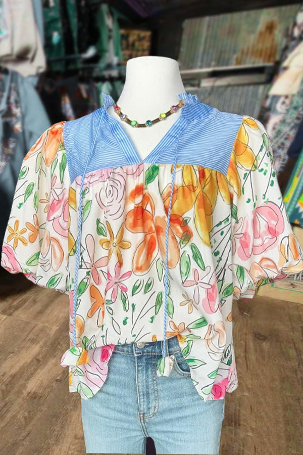 Striped Ruffle V-Neck Floral Print Bubble Sleeve Top