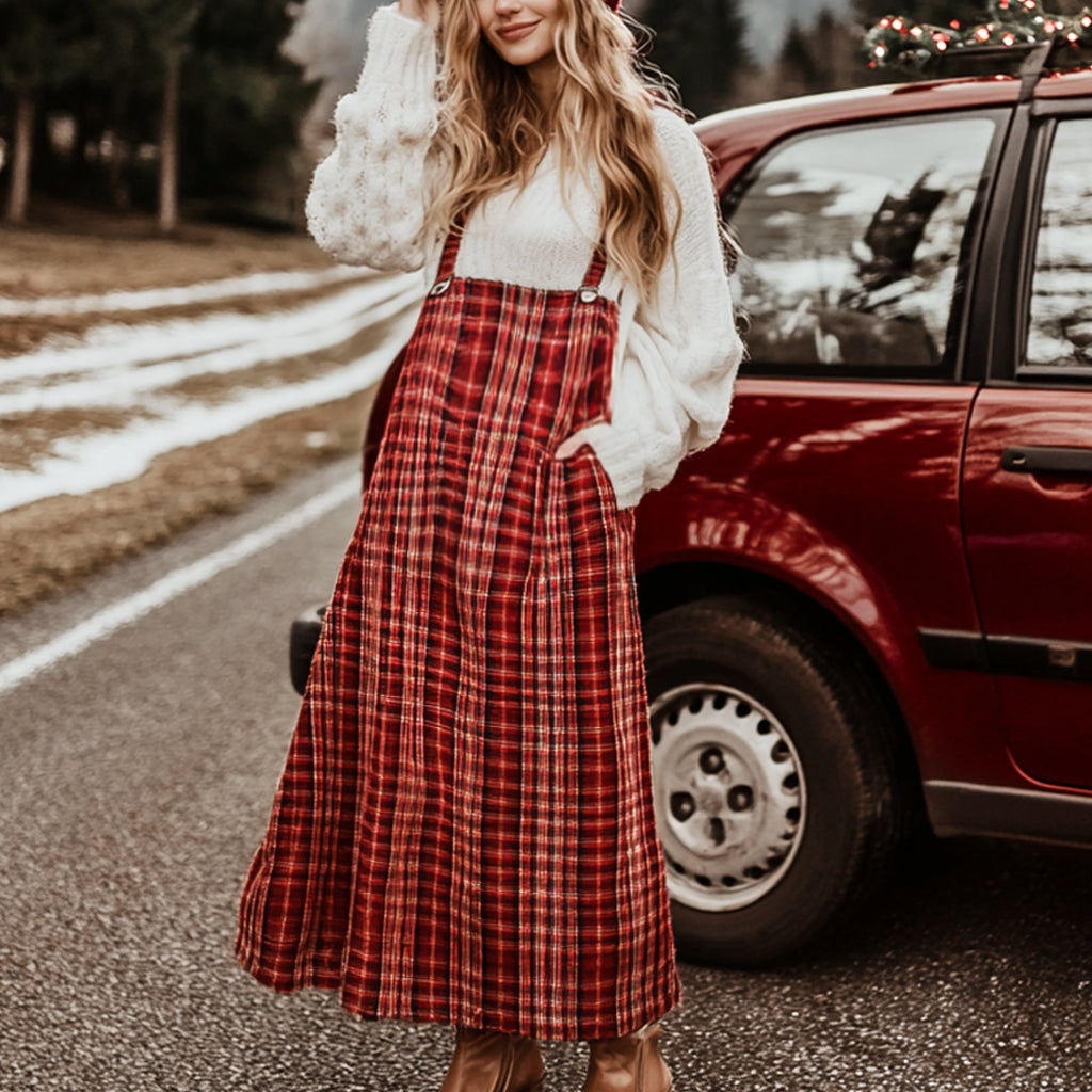 Women Christmas Party Plaid Print Suspender Dress