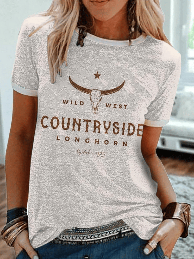 Women's Western Coutryside Cow Head Print Short Sleeve T-Shirt