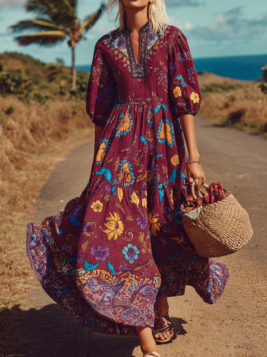 Women's Fashionable Vacation Floral Print Cotton Linen Puff Sleeve Dress