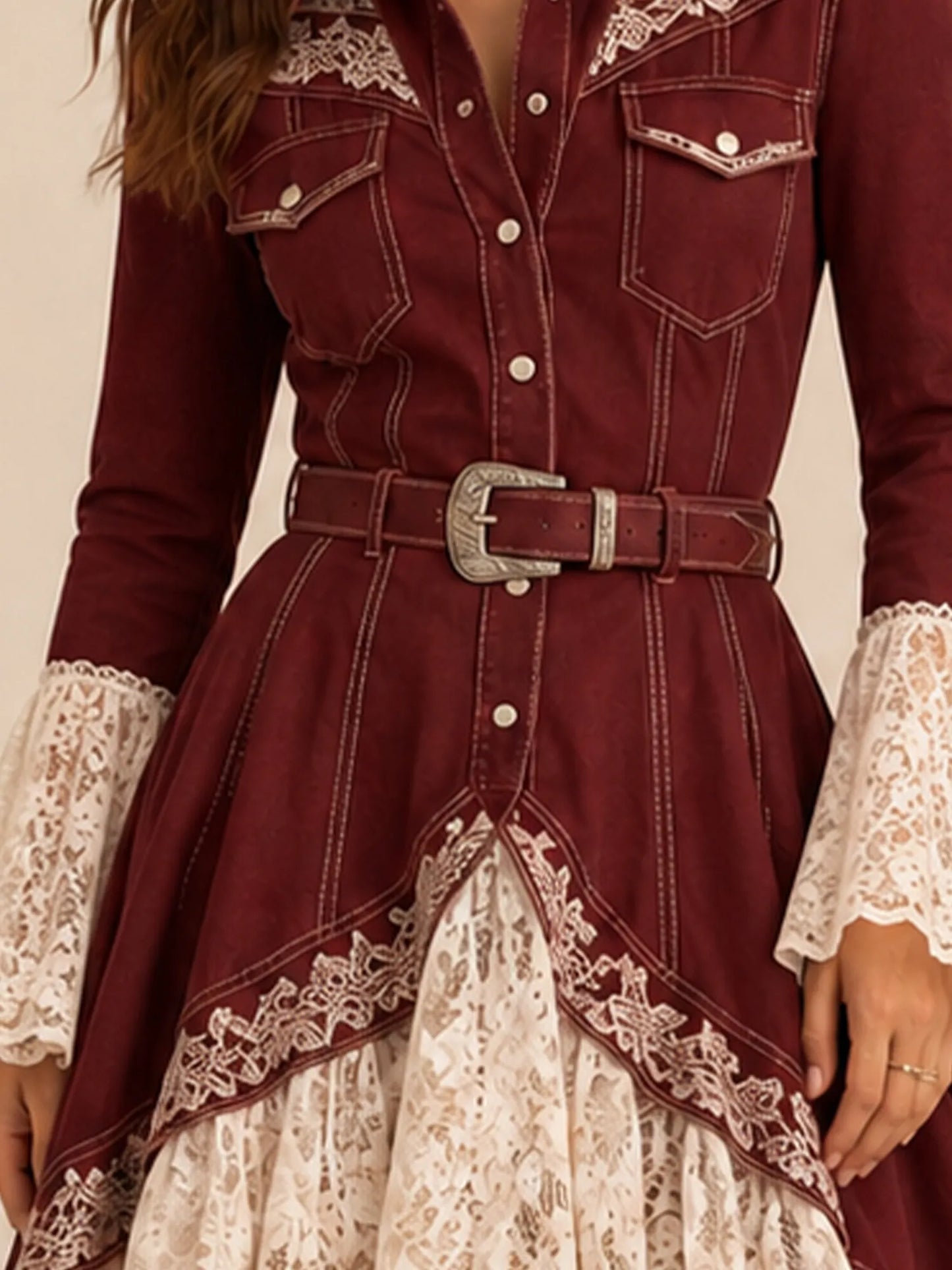 Claret Lace Patchwork Collared Button-Down Belted Bell Sleeve High-Low Tiered Ruffle Western Maxi Dress