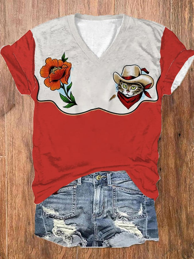 Women's Vintage Western Cowcat Print V-Neck T-Shirt