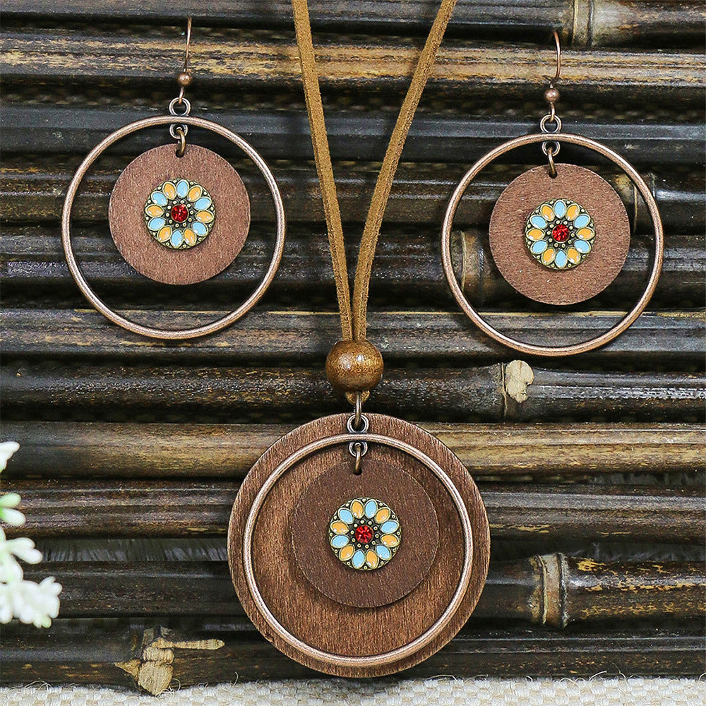 Retro Wooden Necklace Earring Set