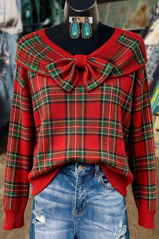 Casual Plaid Bow Detailed Sweater