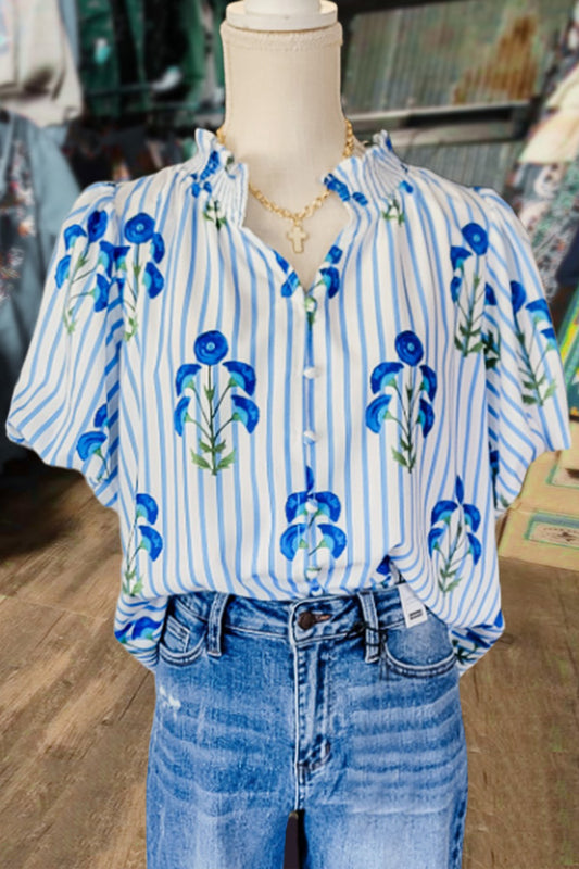 Striped Floral Print Puff Sleeve Top