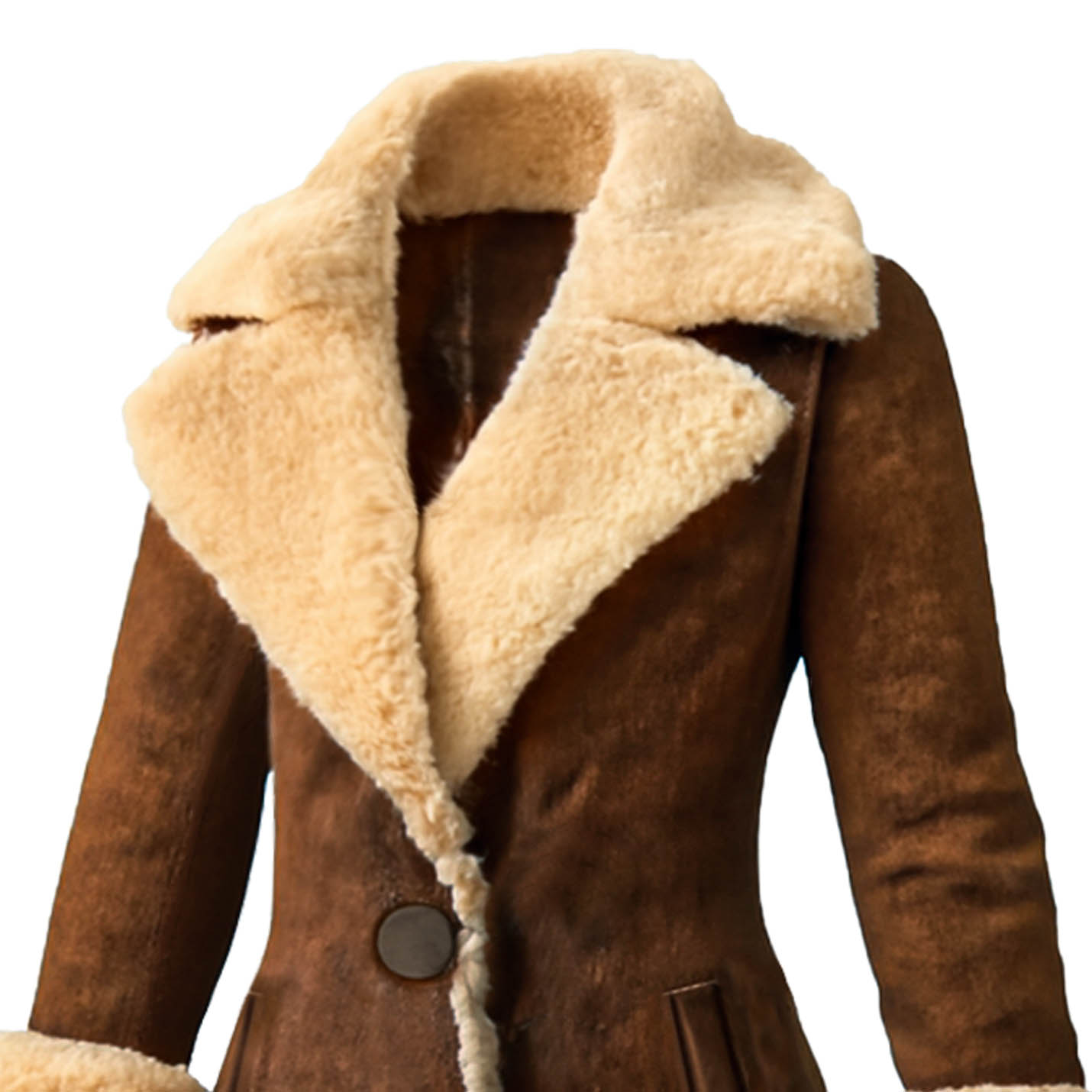 Women's Vintage Western Cowgirl Brown Suede Fleece Lapel Long Shearling Jacket Coat