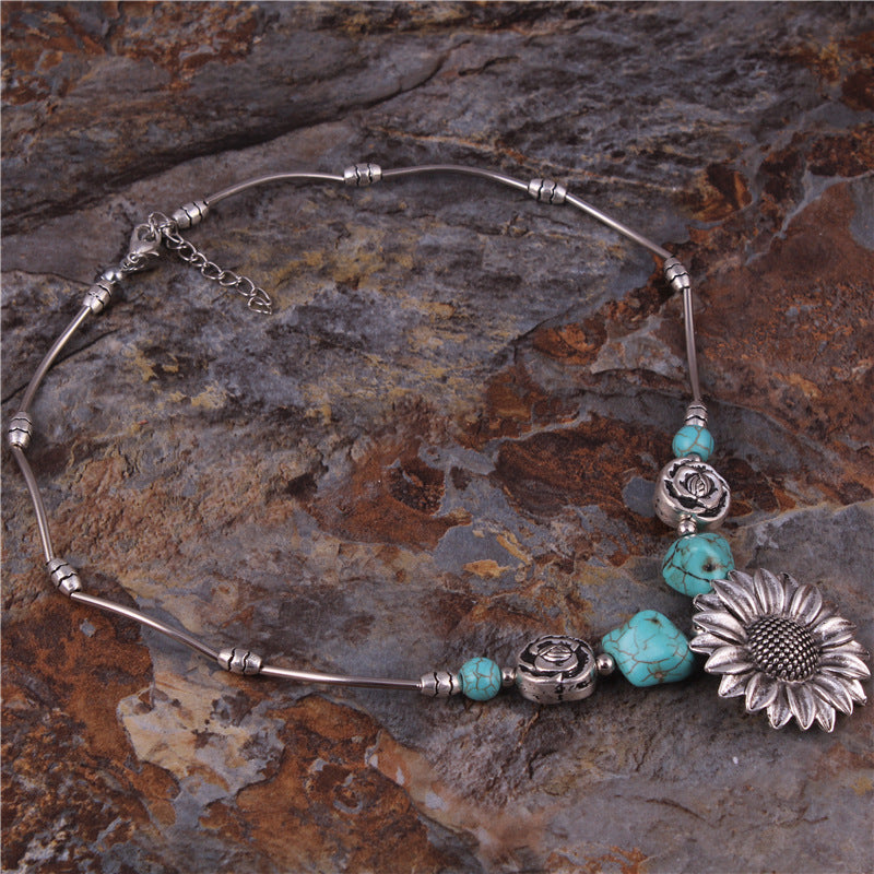 Creative Sunflower Patterns Turquoise Necklace