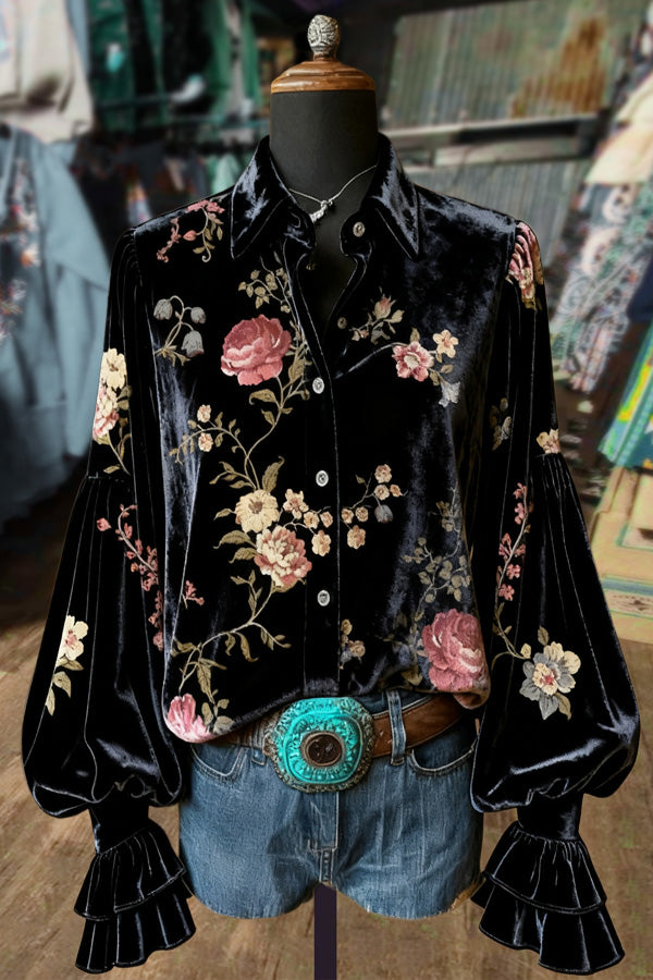 Retro Floral Print Collared Velvet Top