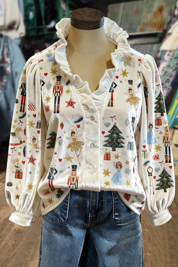 Christmas Nutcracker Print Ruffle Neck Velvet Top