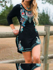 Long Sleeve Floral Crew Neck Embroidered Dresses