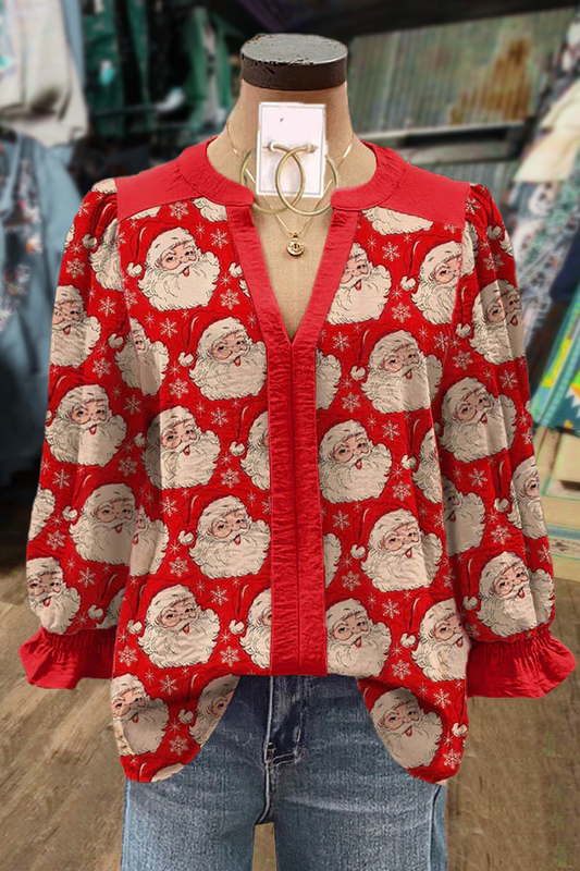 Christmas Santa Print V-Neck Cuff Sleeve Top