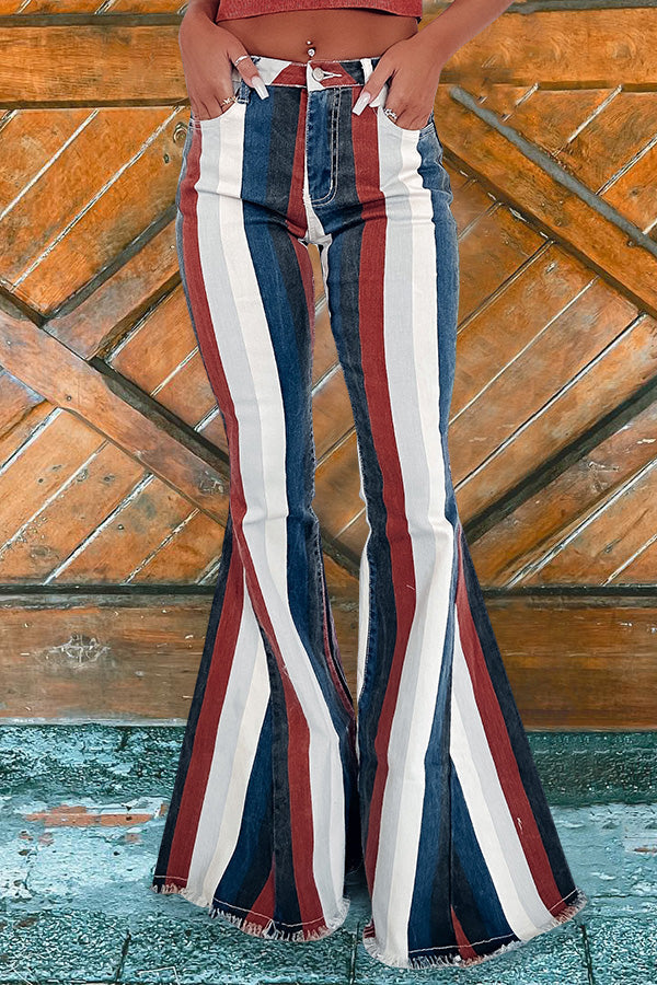 Retro Striped Print Flared Jeans
