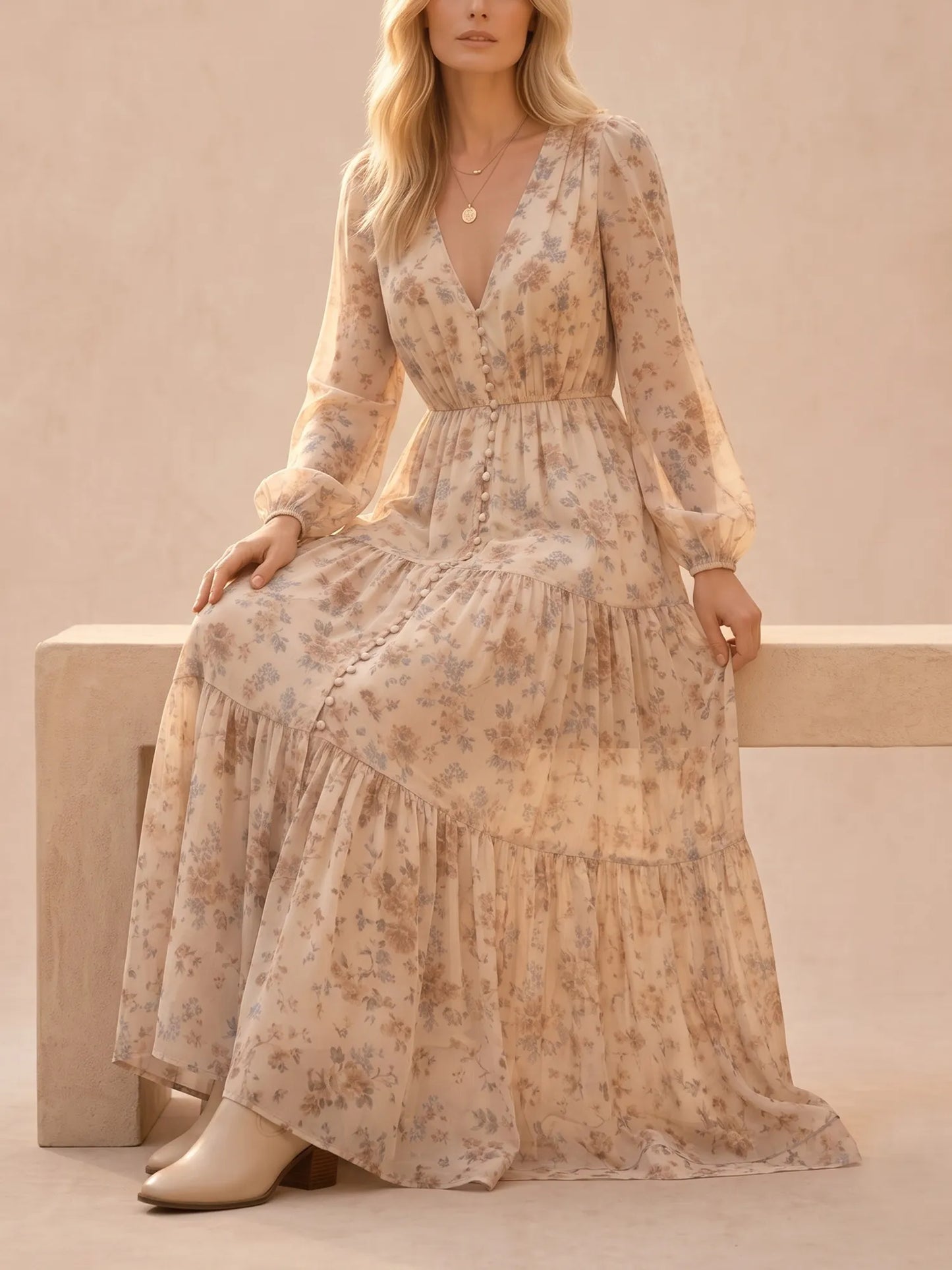 Ivory Apricot Ditsy Floral Chiffon Plunge V-Neck Bishop Sleeve Tiered Maxi Dress