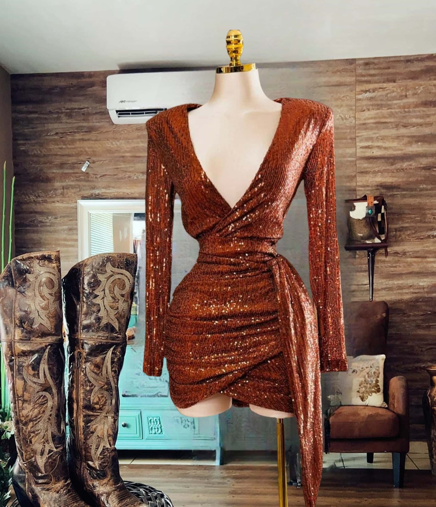 V-Neck Glamorous Sequin Mini Dress