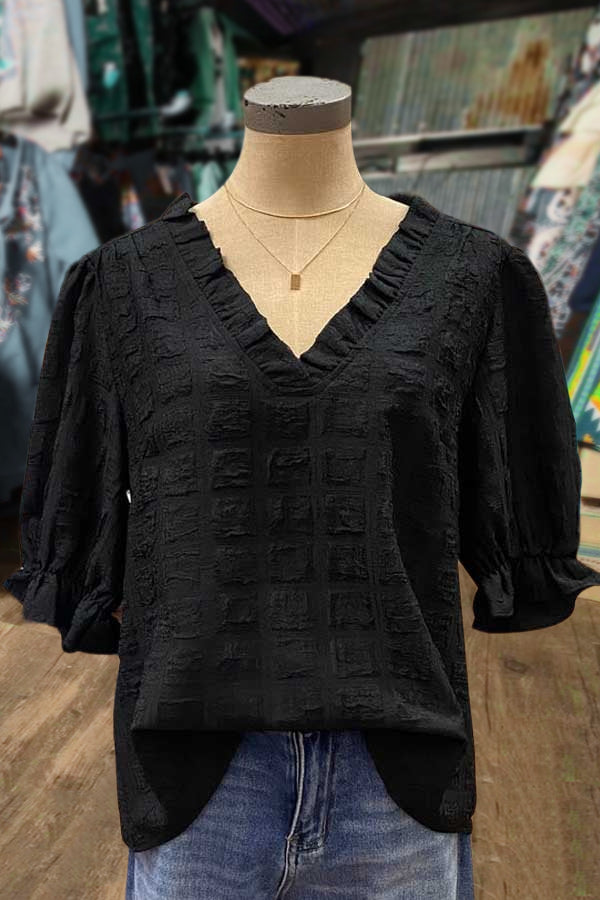 Solid V-Neck Textured Ruffle Sleeve Top – Tilame