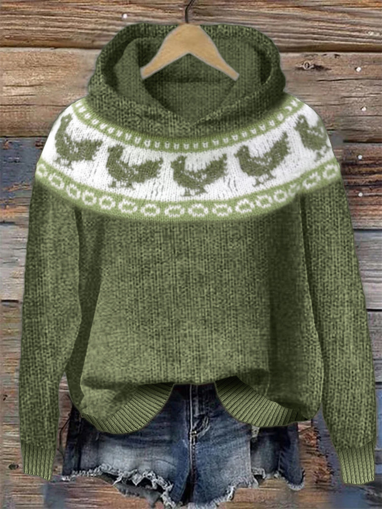 Vintage Chicken Inspired Cozy Knit Yoke Hoodie