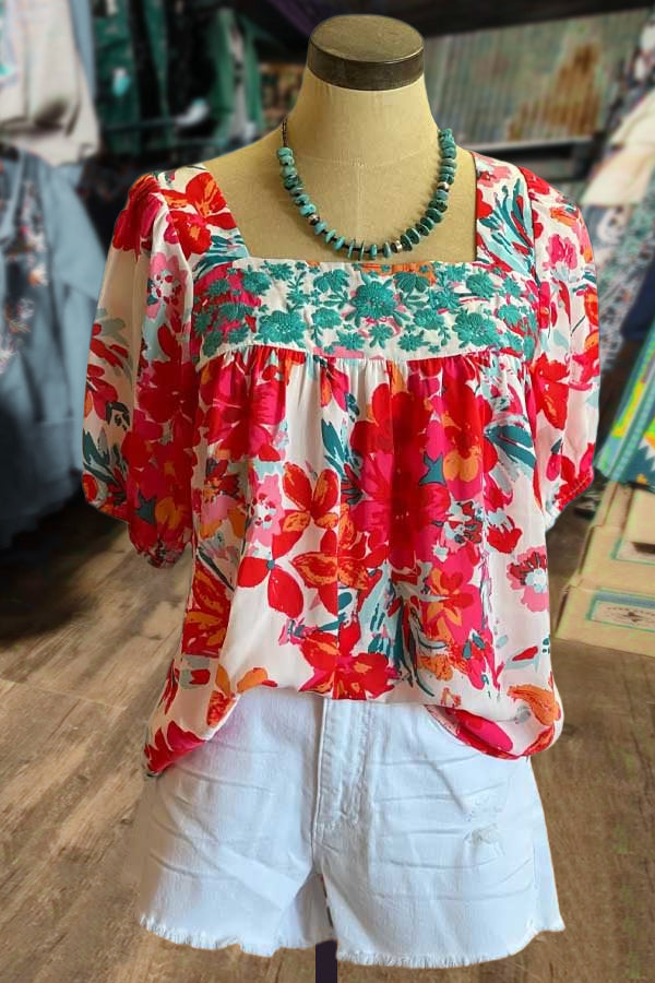 Floral Print Square Neck Half Sleeve Top