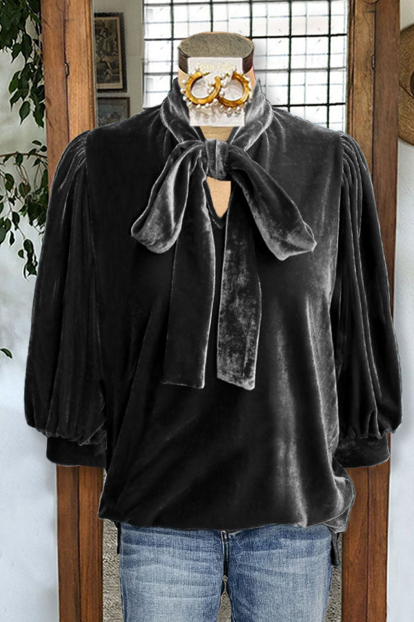 Velvet Puff Sleeves Knotted Neckline Blouse