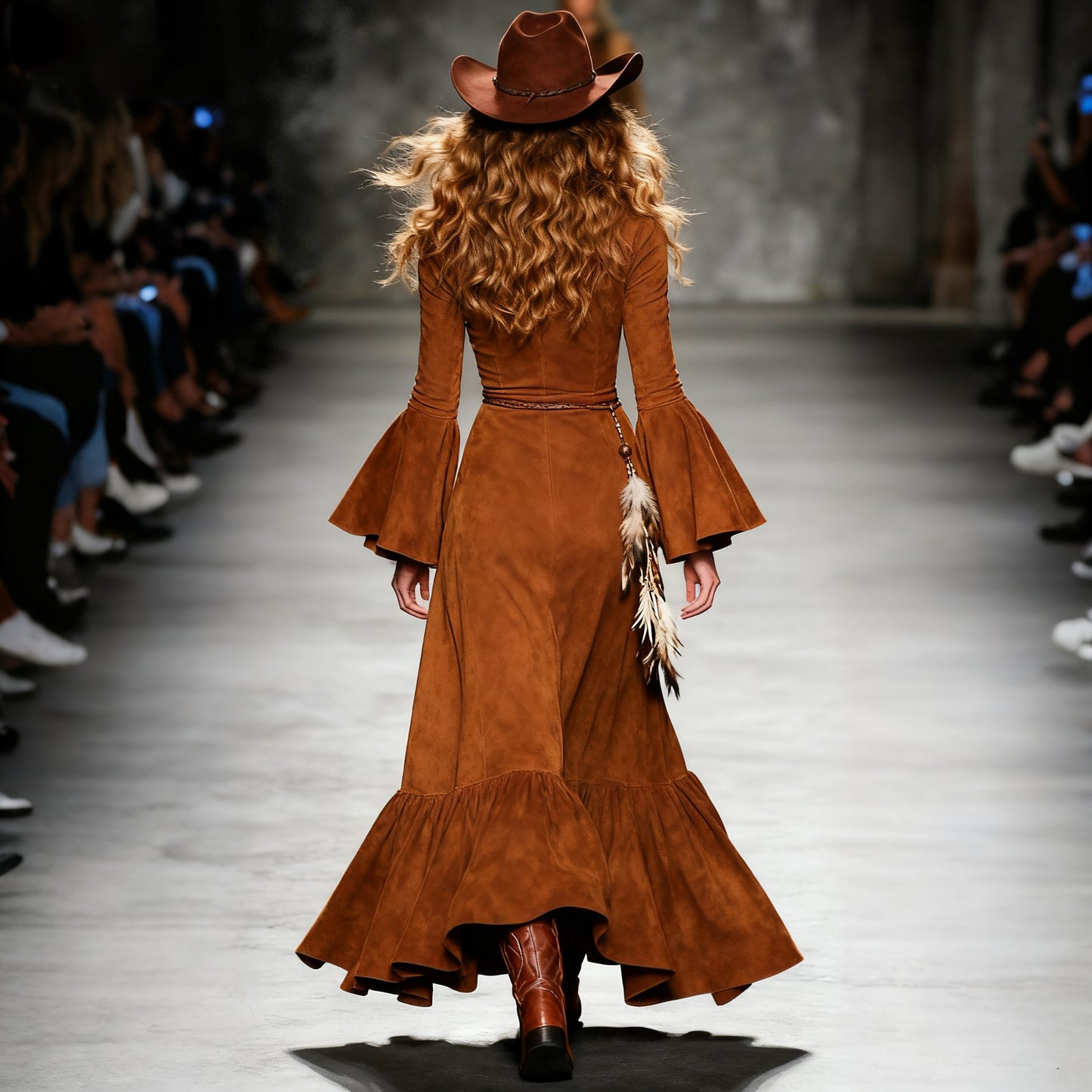 Women's Retro V-neck Lace-up Feather Decorated Trumpet Sleeve Long Dress