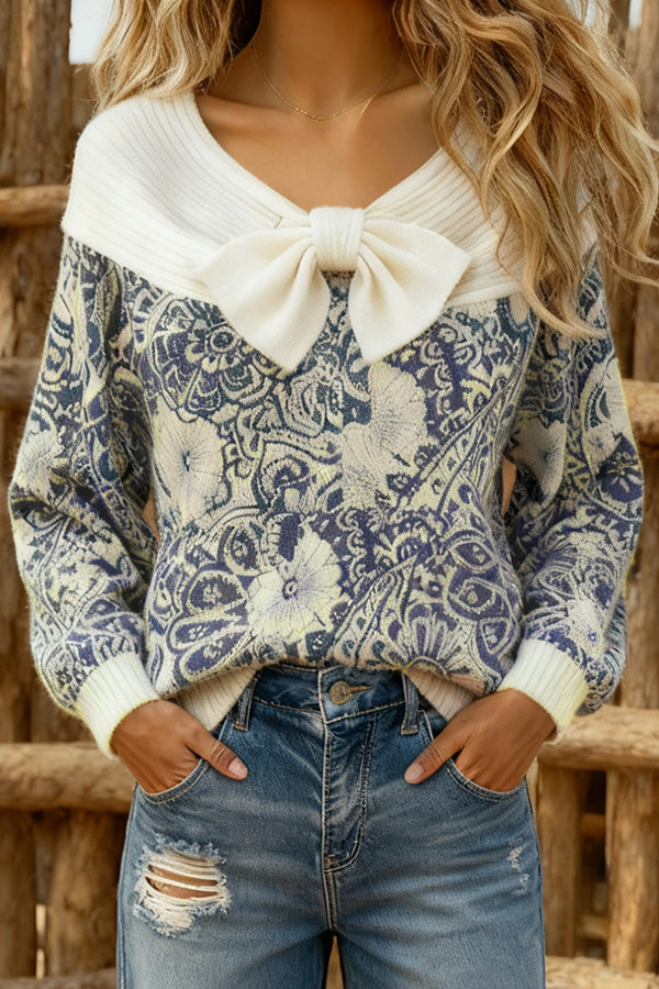 Elegant Floral Pattern Bow Detailed Sweater
