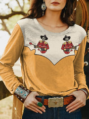 Women's Retro Western Skull Cowboy Playing Guitar Print Casual Long-Sleeve T-Shirt