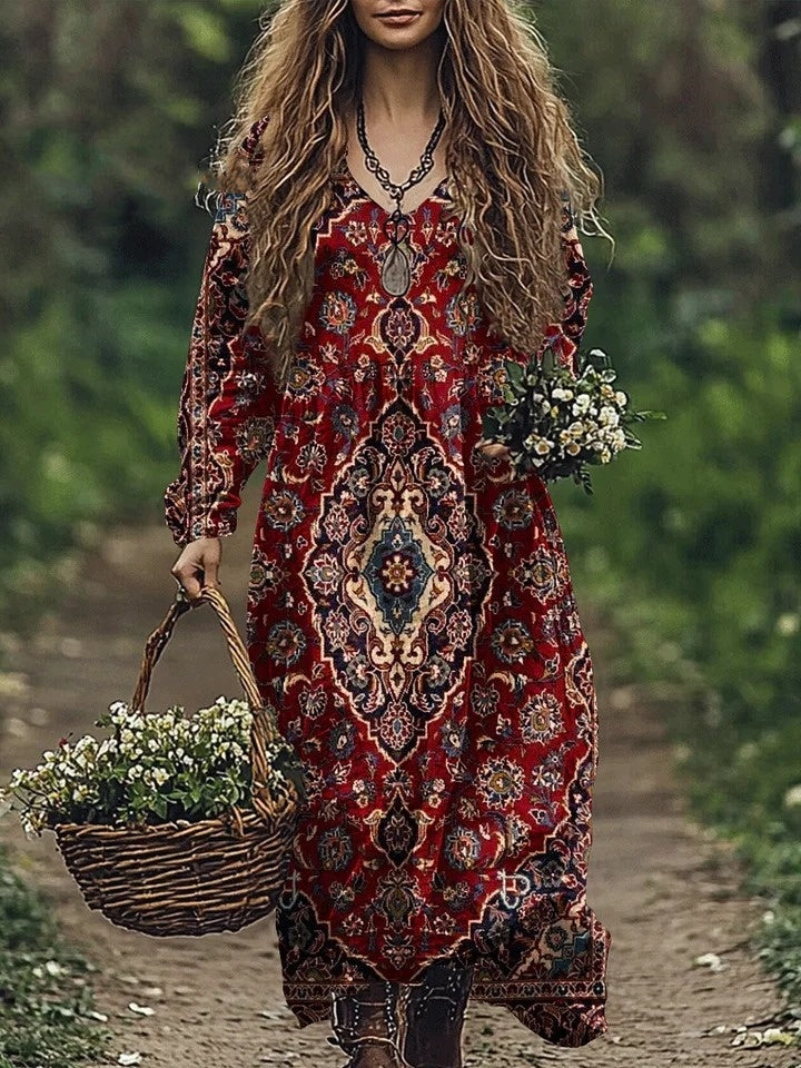 Women's Vintage Printed Linen Bohemian Long Dress