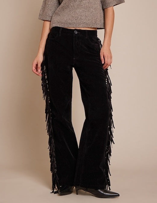 Black Suede Fringed Straight-Leg Pants
