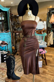Vintage Pleated Slit Satin Dress