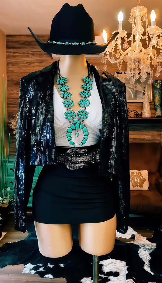 Sequin Western Cropped Jacket – Shiny Black Party Blazer