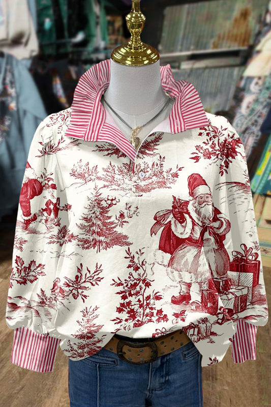 Vintage Christmas Santa Print Striped Long Sleeve Top