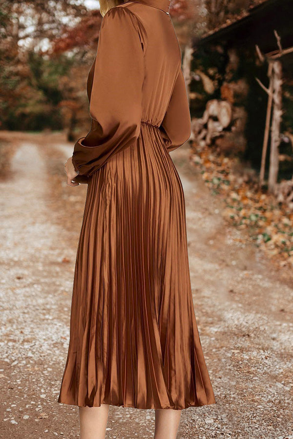 Gorgeous Pleat V-Neck Satin Midi Dress