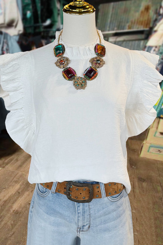 Solid Mock Neck Ruffle Sleeve Top