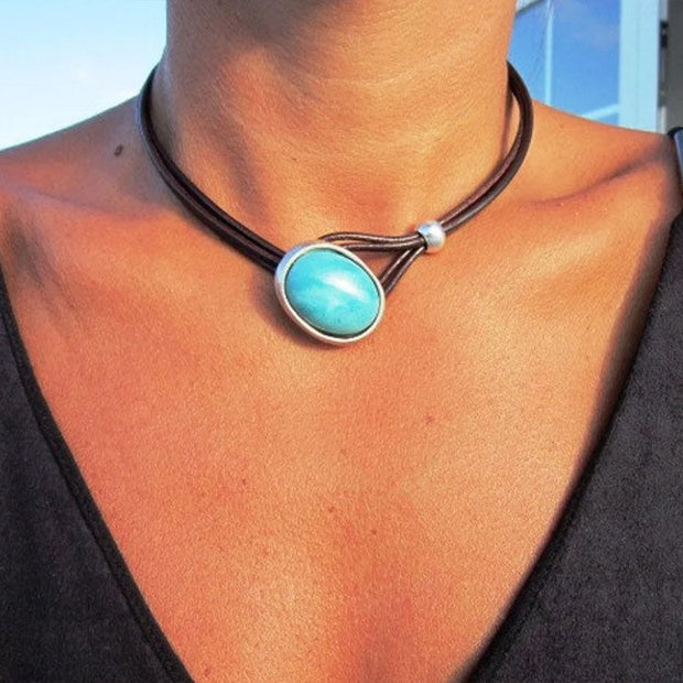Vintage Leather Cord Turquoise Necklace