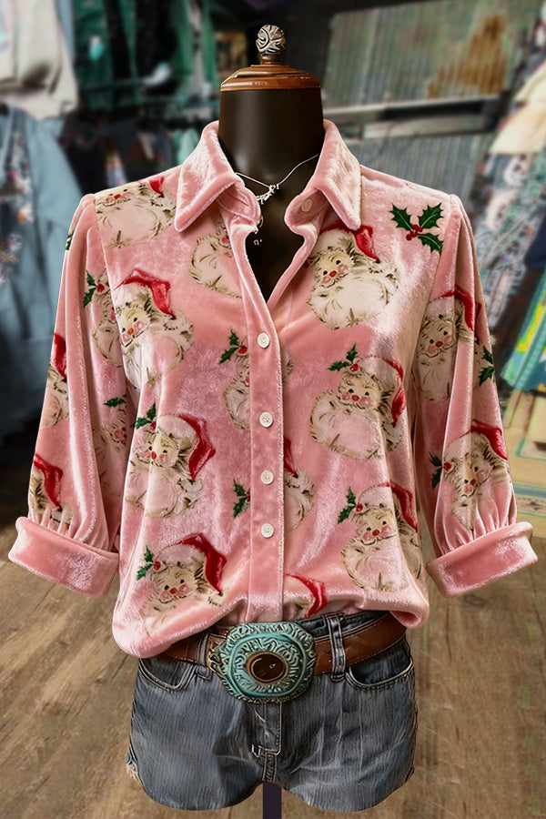 Cute Christmas Santa Print Velvet Top