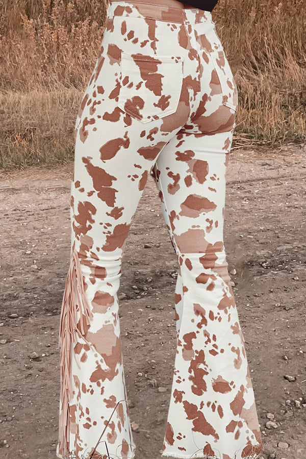 Cow Print Fringed Flared Pants