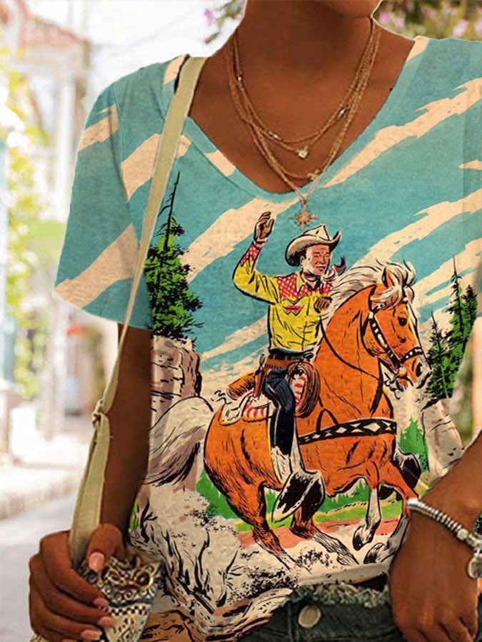 Casual Western Print Short Sleeve T-Shirt