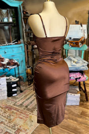 Vintage Pleated Slit Satin Dress