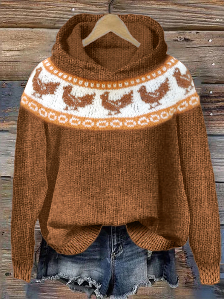 Vintage Chicken Inspired Cozy Knit Yoke Hoodie