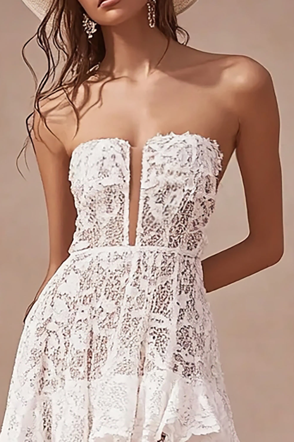 White Lace V-Neck Strapless High-Low A Line Boho Maxi Dress