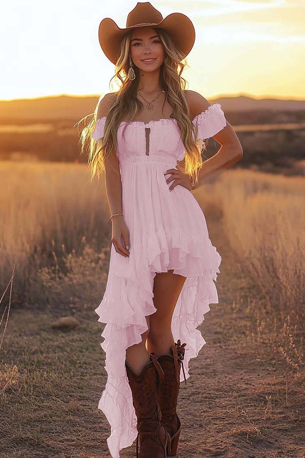 White A Line Off the Shoulder Asymmetrical Western Wedding Dress with Ruffles