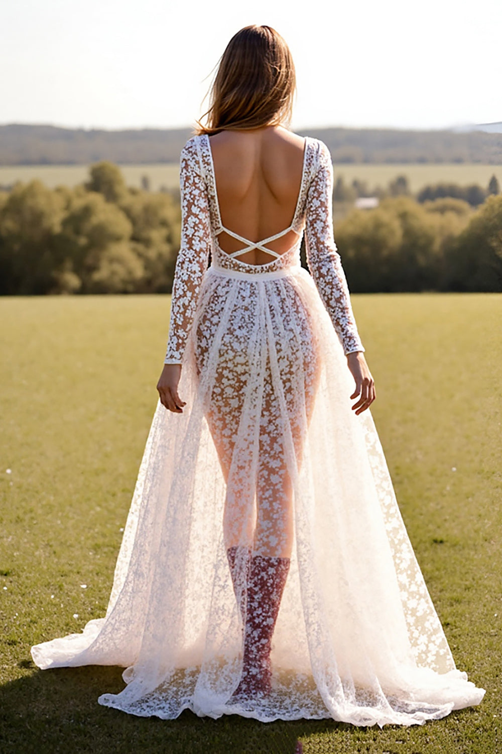 White Lace Corset Long Sleeves Boho Western Wedding Dress with Slit