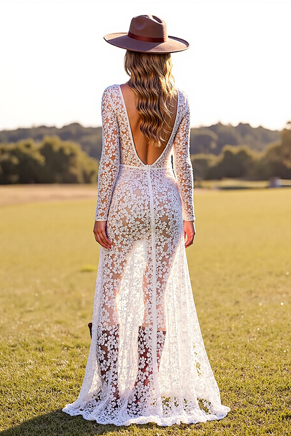 White Lace Boho Sheath Long Sleeves Western Wedding Dress with Slit