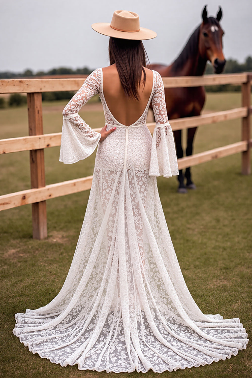 Boho Corset White V-Neck Sweep Train Western Wedding Dress with Slit