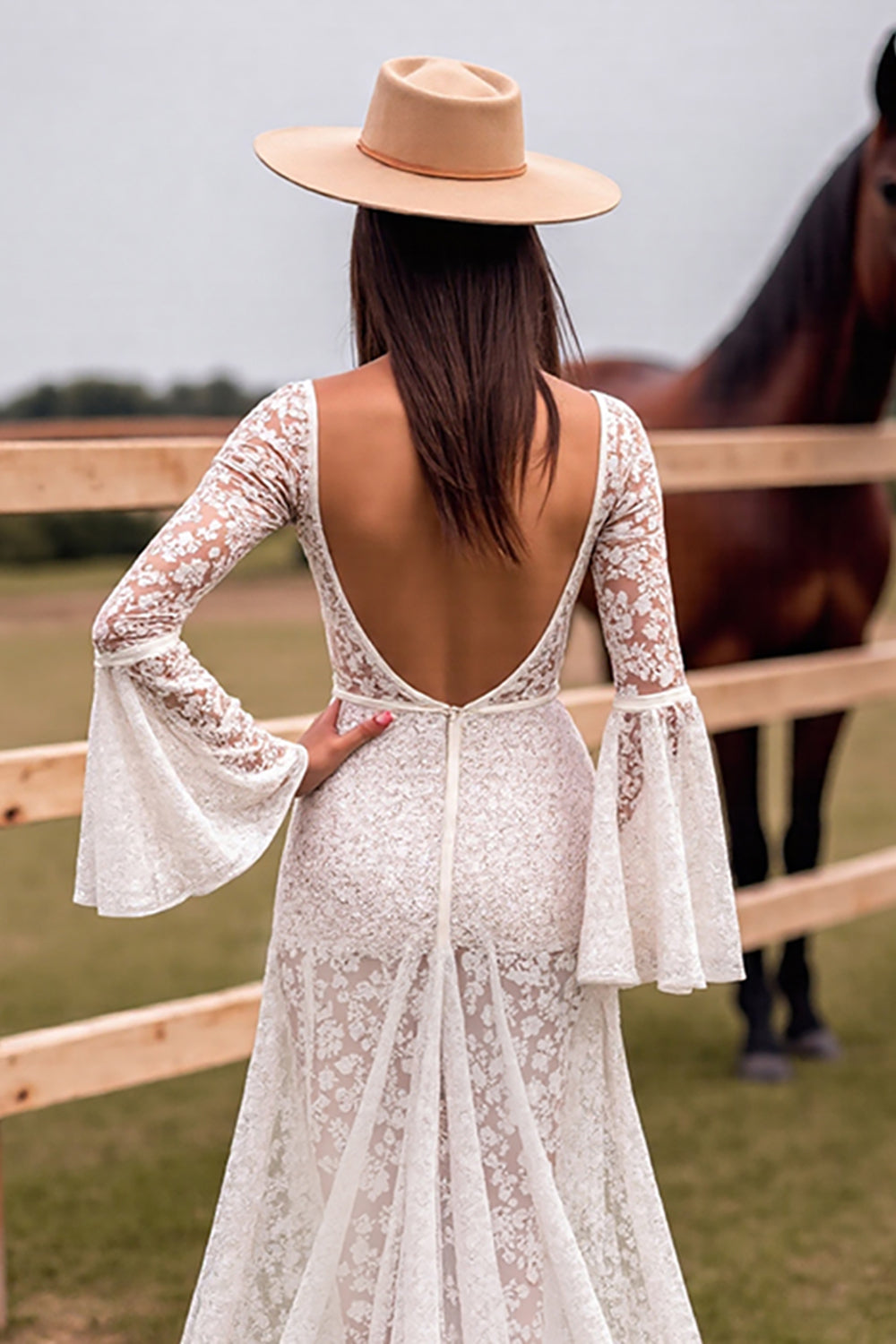 Boho Corset White V-Neck Sweep Train Western Wedding Dress with Slit