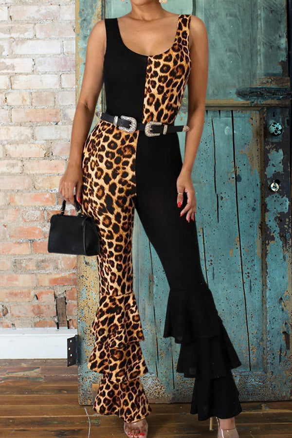 Vintage Leopard Print Multi-Layer Jumpsuit (No Belt)