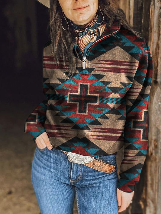 Women's Abstract Geometric Print Zipper Collar Sweatshirt