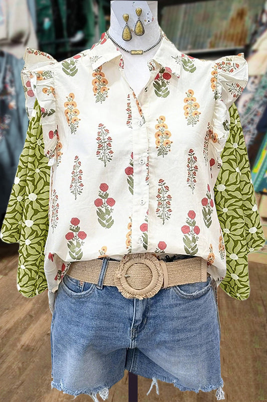 Floral Print Button Up Ruffle Sleeve Top