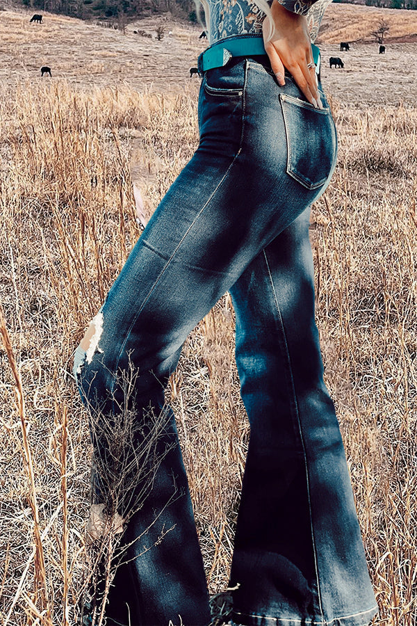 Vintage Distressed Washed Flared Jeans