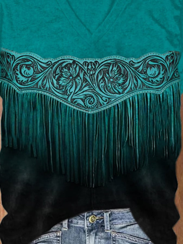 Western Vintage Turquoise Fringe Print T-Shirt